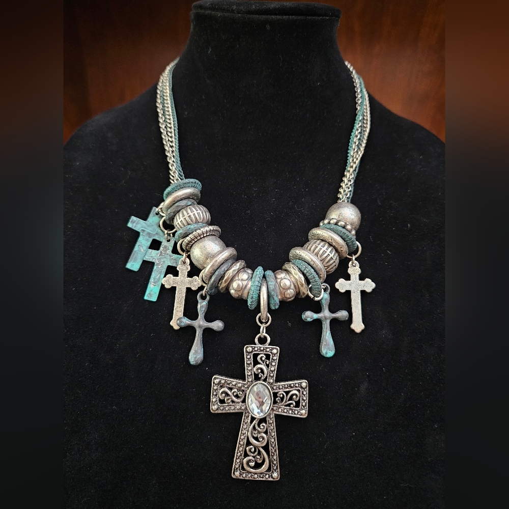 Bohemian Silver Tone & Turquoise Cross Necklace with Layered Western Chic Design